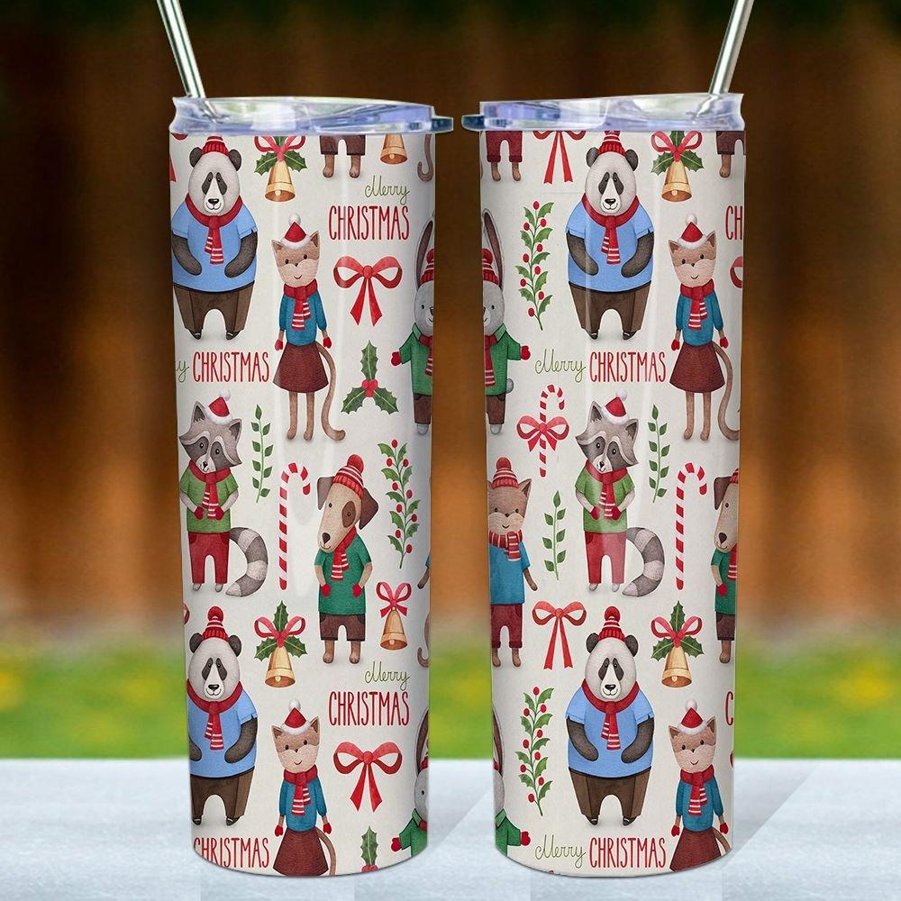 Watercolor Forest Animals Pattern Skinny Tumbler, Merry Christmas Tumbler