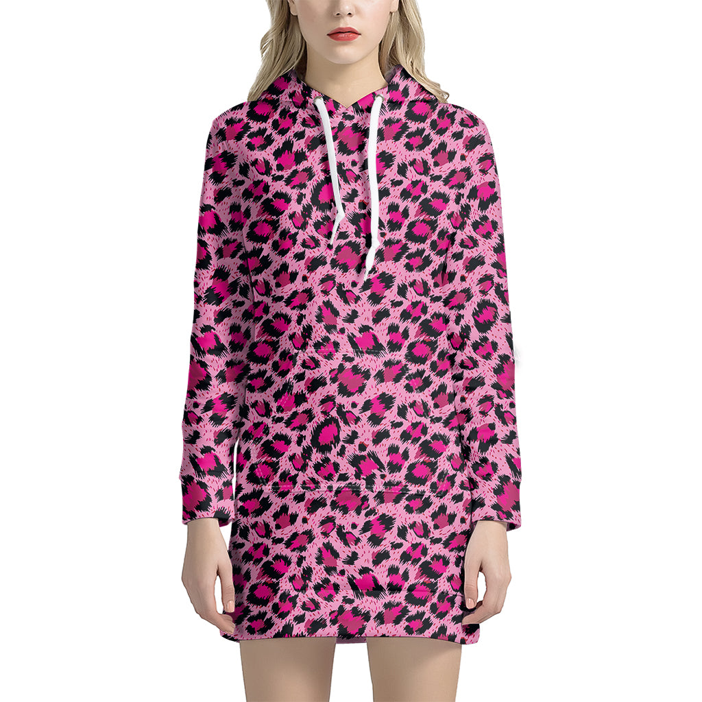 Pink Leopard Print Women’S Pullover Hoodie Dress