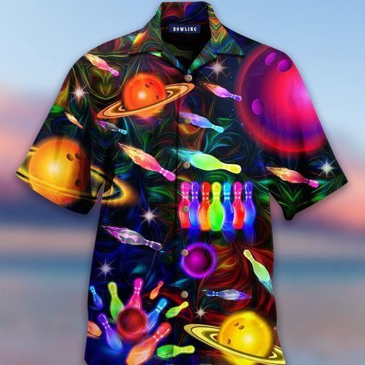 Get Here Bowling In Space Colorful Light Hawaii Aloha Shirts Ha85339