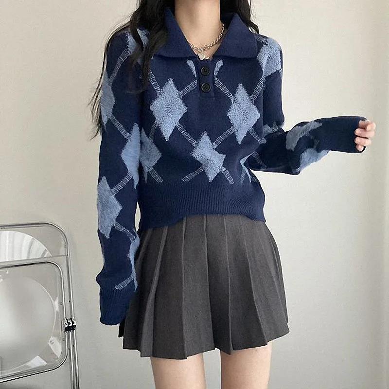 Women Knitted Pullovers Argyle Vintage Polo-Neck Crop Sweater Autumn Preppy Style Leisure Knitwear Loose Outerwear Female Jumper alx