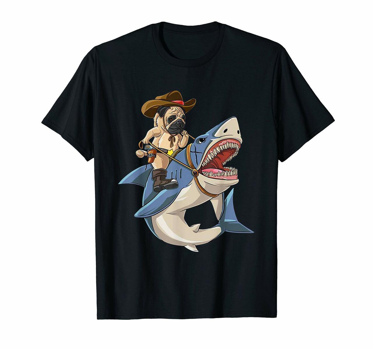 Cowboy Pug Rising Shark Like A Boss T Shirt Gift For Kids