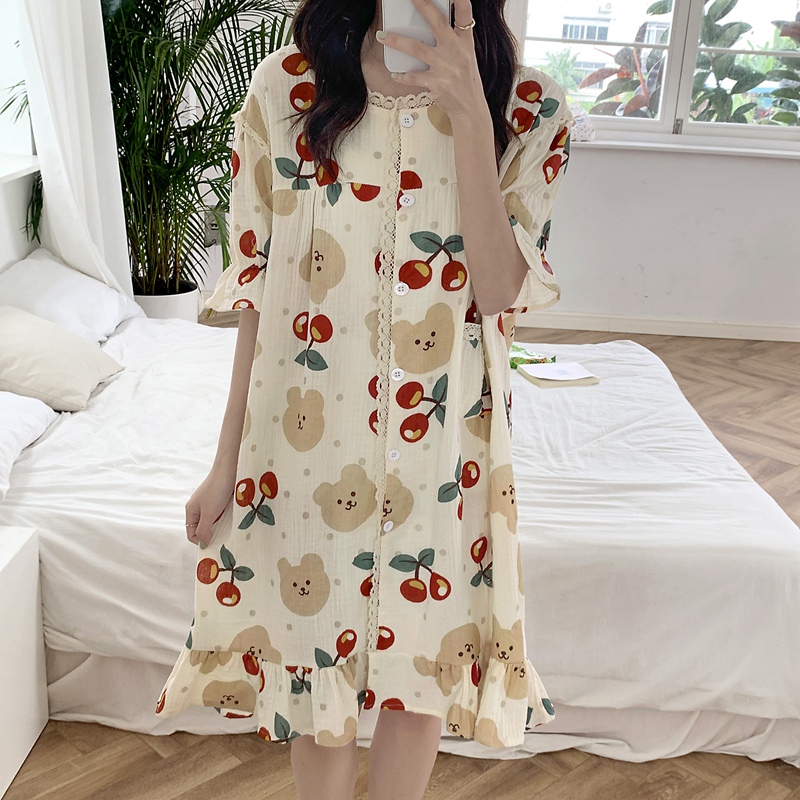 2022 Summer Short Sleeve Cute Lace Cotton Print Nightgowns for Women Korean Loose Sleepwear Night Dress Nightdress Home Nighty alx