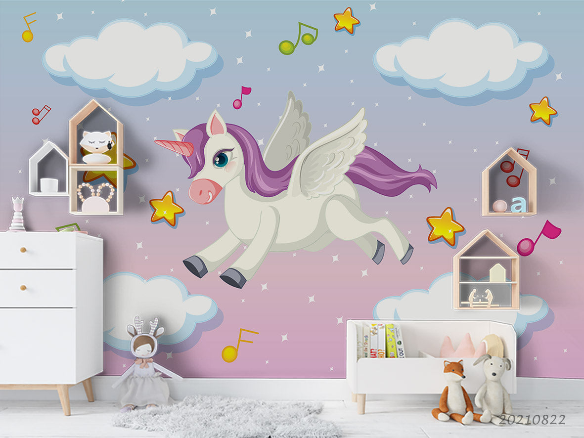 3D Cartoon Animal Unicorn Cloud Wall Mural Wallpaper Lqh 427