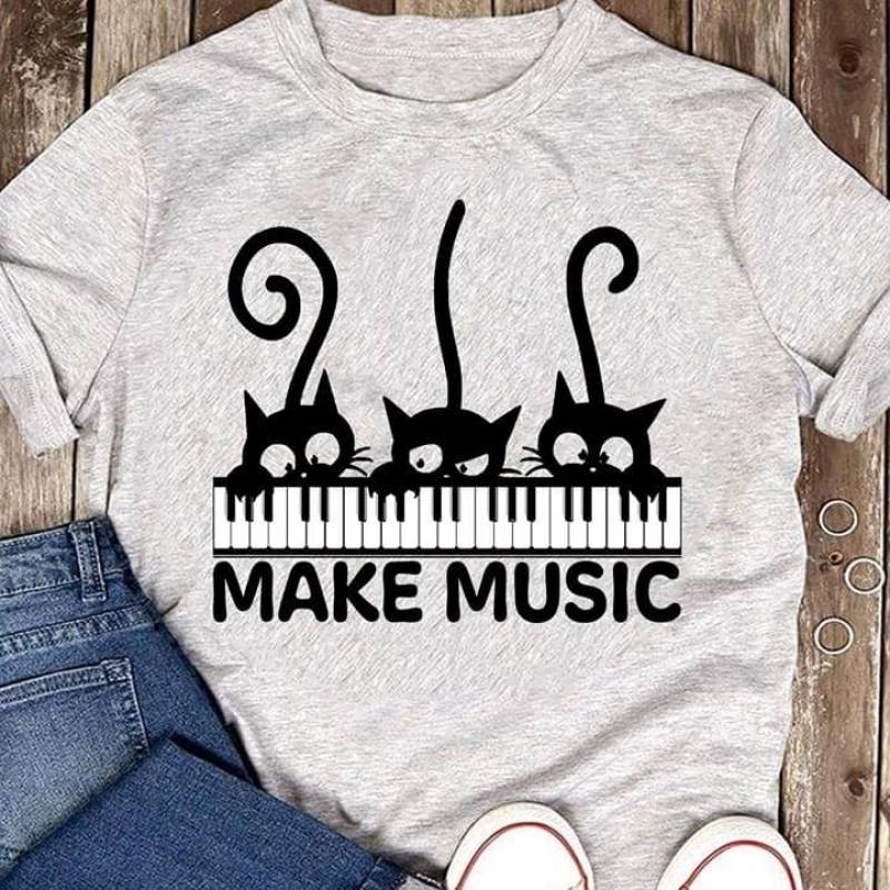 Make Music Cute Black Cats Lovely Black Kitten Piano Keys Cats Playing Piano Kitties Adorable Gift For Cat Loving People Who Love Music White Men And Women T Shirt S-5Xl