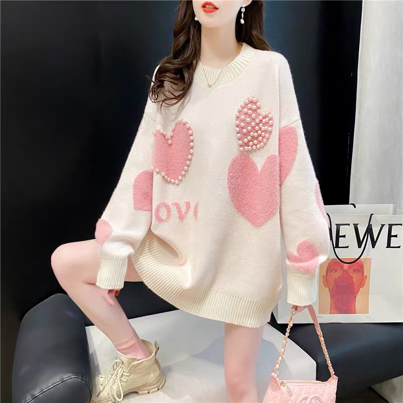 Women Knitted Sweaters 2020 Pullover Knitwear Sweet Heart Pearl Beading Knit Jumpers Cute Loose Elegant Sweater Tops alx