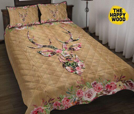 Deer Flower Background Wood Style Quilt Bed Set And Pillow Covers