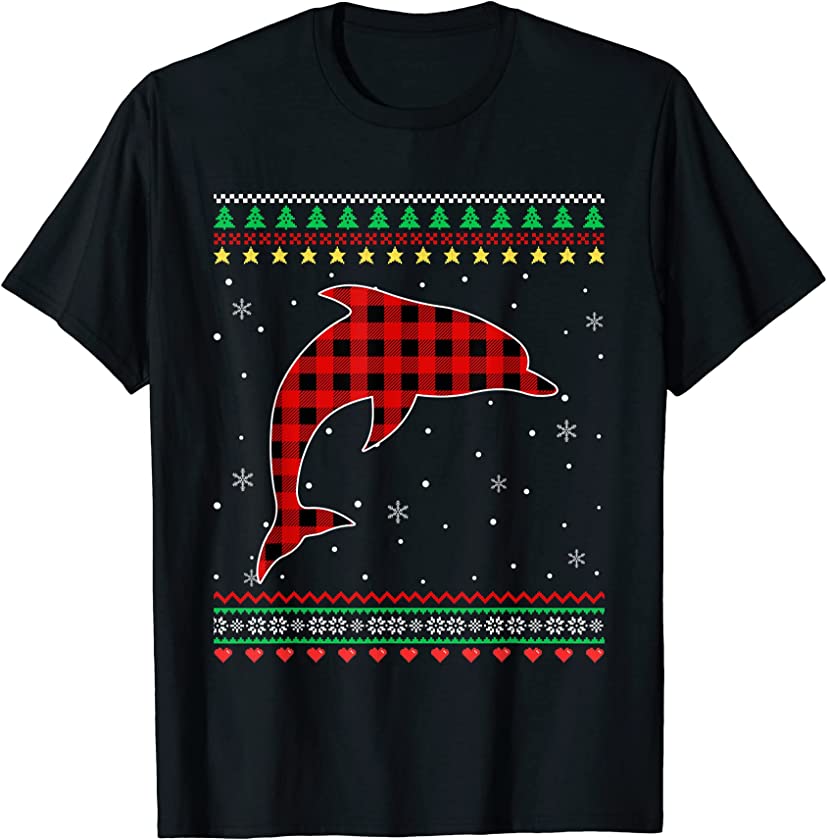 Red Plaid Ugly Sweater Christmas Animals Dolphin Lover T-Shirt