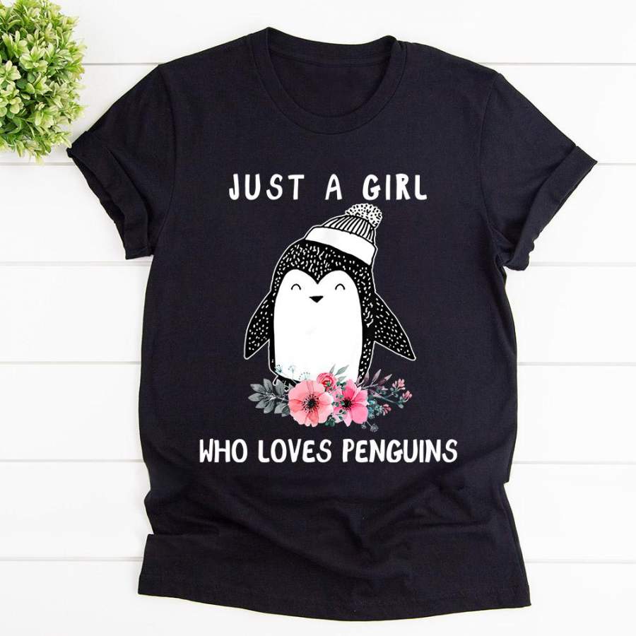 Penguins christmas just a girl who loves penguins flowers cute penguins black cotton t shirt for men and women S-6XL