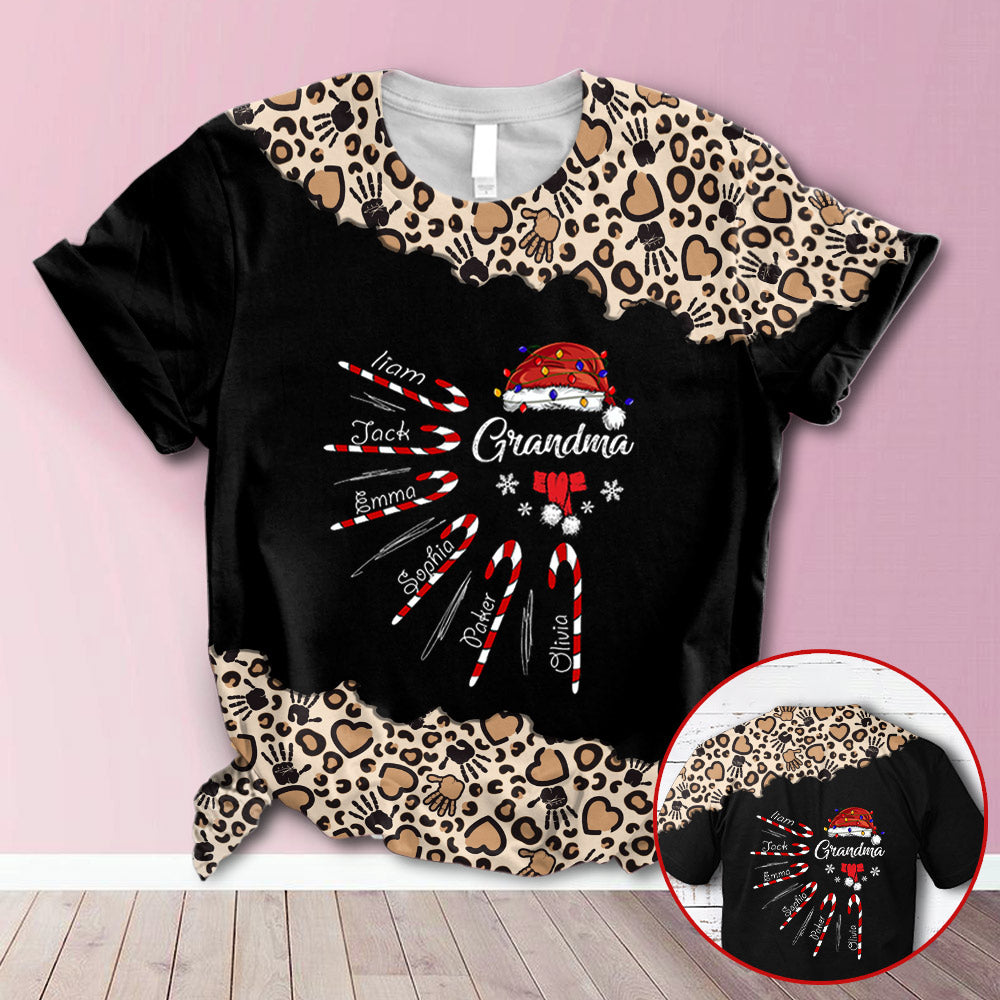 Personalized Grandma Claus With Candy Cane Christmas Leopard All Over Print Shirts, 3D Shirt For Grandma Hn98 Trhn