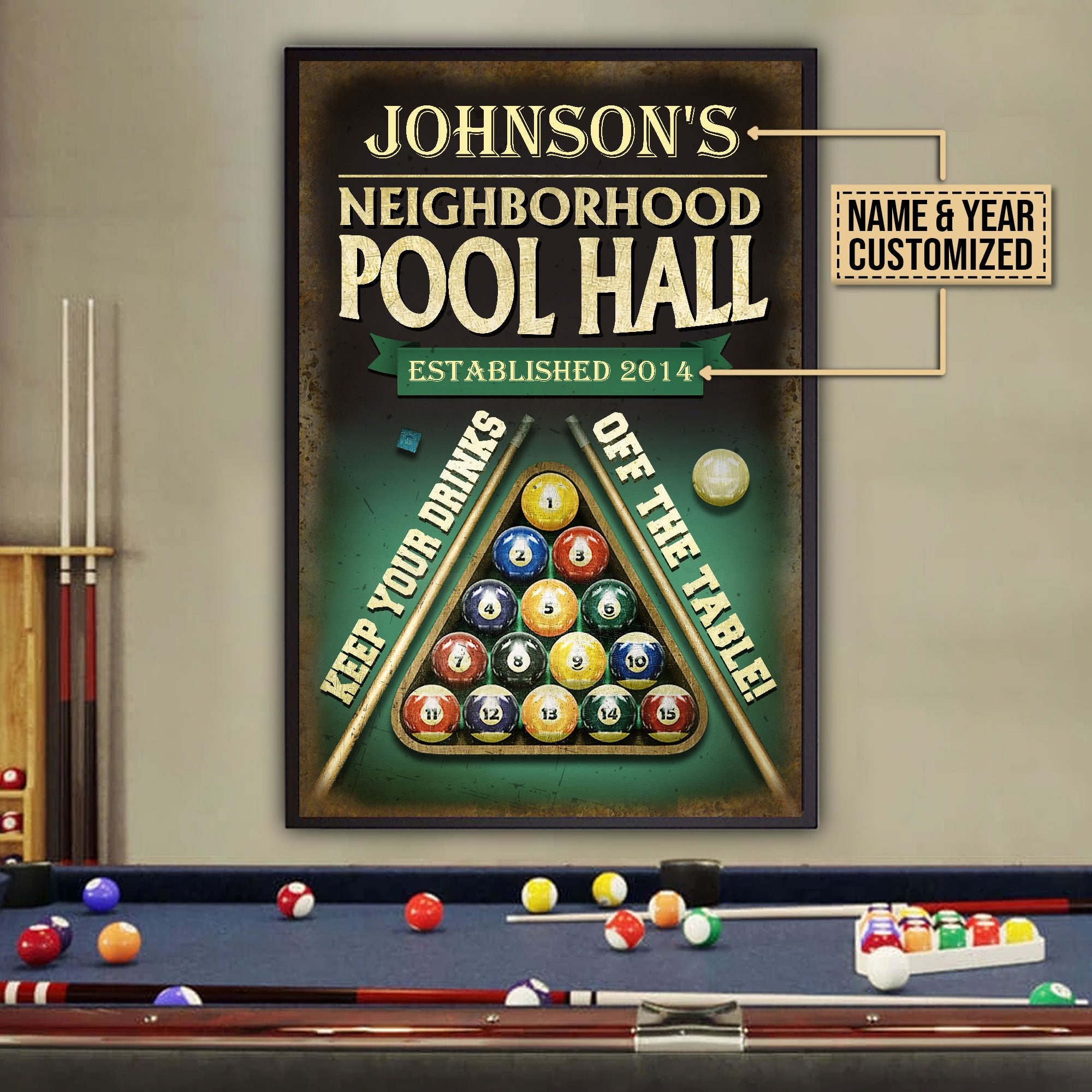 Aeticon Gifts Personalized Billiard Neighborhood Pool Hall Off The Table Canvas Mom Dad Gift Home Decor