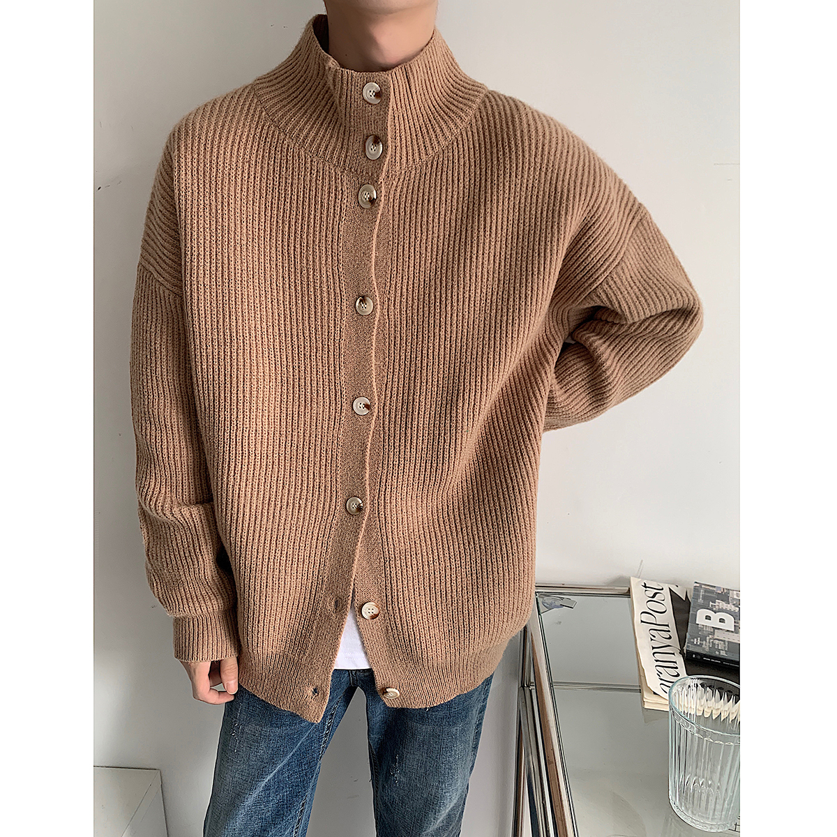 Turtleneck Sweatercoats Men Korean Cardigans Casual Single-breasted Knit Sweater Autumn Winter New Loose Knitwear Sweater Men alx