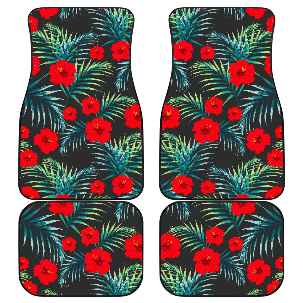 Tropical Hibiscus Leaves Pattern Print Front And Back Car Floor Mats, Front Car Mat