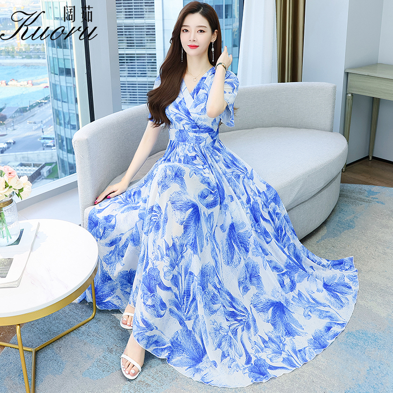 Blue Tunics Women Dresses Summer 2022 Pink Chiffon Dress Elegant Vestido Floral Beach Vestidos Largos Robe Chic Casual V-Neck alx