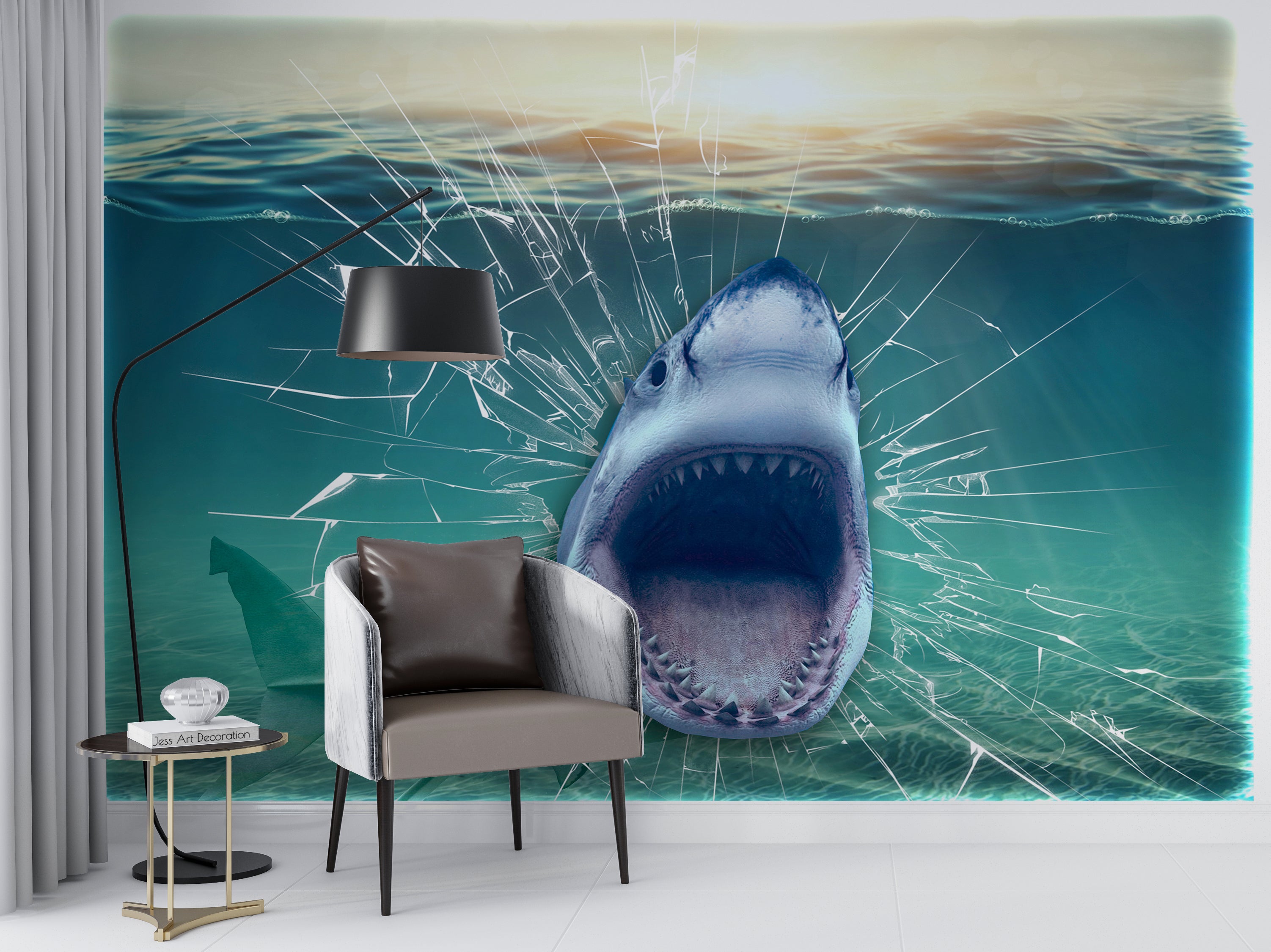 3D Glass Tank Crack Shark Mouth Wall Mural Wallpaper Gd 2572