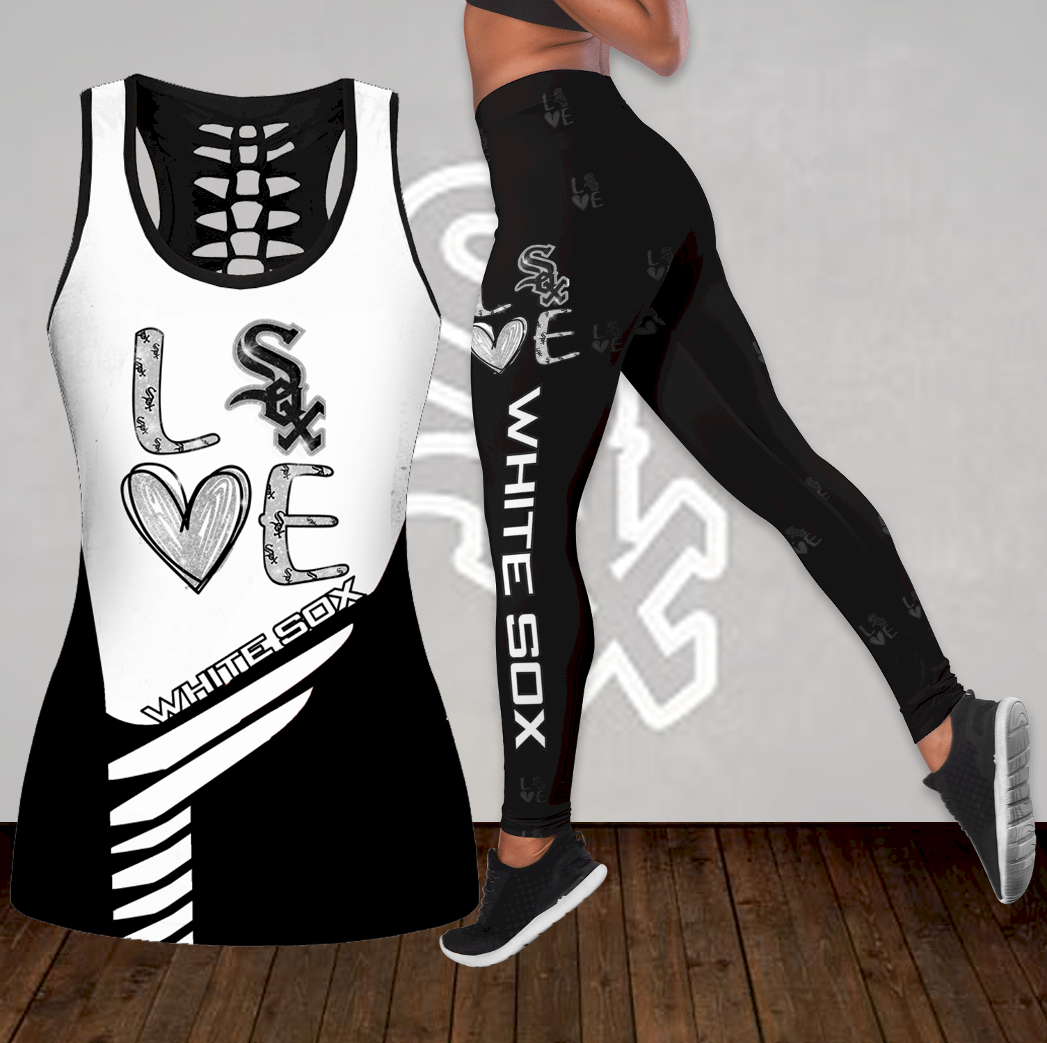 Combo Chicago White Sox Love Hollow Tanktop Leggings Set OUTFIT K1831