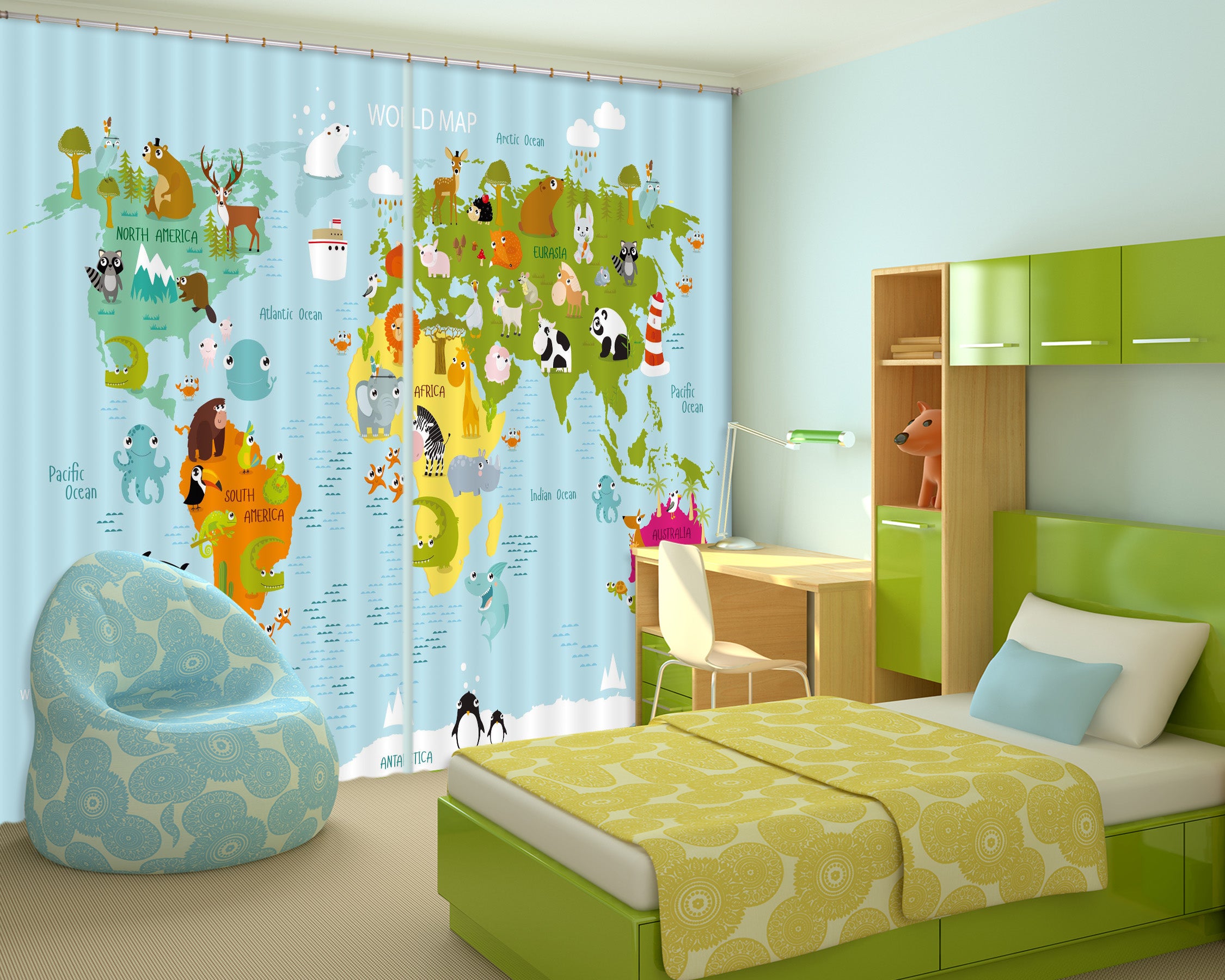 3D World Animal Map Curtains And Drapes Lqh A659