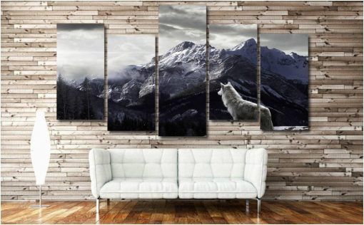 Snow Mountain Gray Wolf Animal 5 Panel Canvas Art Wall Decor