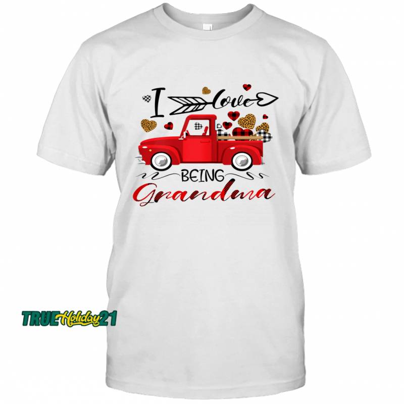 Womens I Love Being Grandma Funny Leopard Red Plaid Truck Hearts T-Shirt