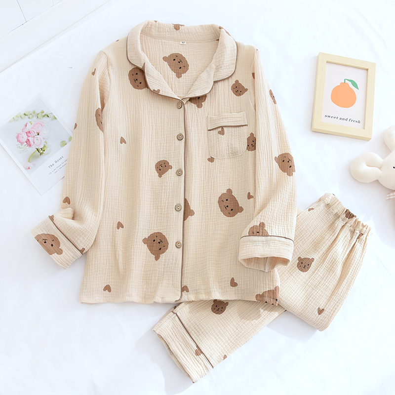 Spring Summer Autumn Couple Pure Cotton Cute Pajamas Set Sleepwear Female Long Sleeve Pijama Suit Loungewear Crepe Ladies Pyjama alx