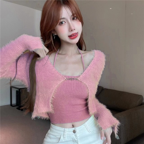 Two-piece Knitted Sweater Woman Korean Fashion V Neck Long Sleeve Fluffy Cardigan + Strap Halter Lace-up Tank Top Dropshiping alx