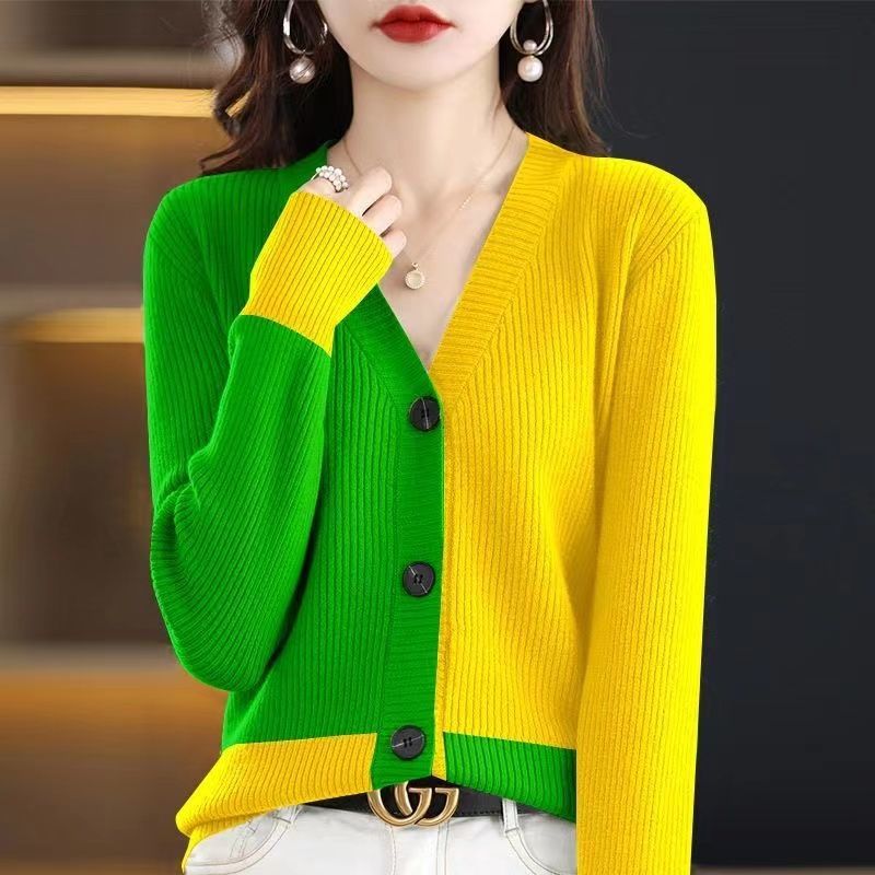 Y2K Vintage Women Cardigans Sweater Autumn Winter All-match Button Long Sleeve Loose Fashion Casual Patchwork Female Knitted Top alx