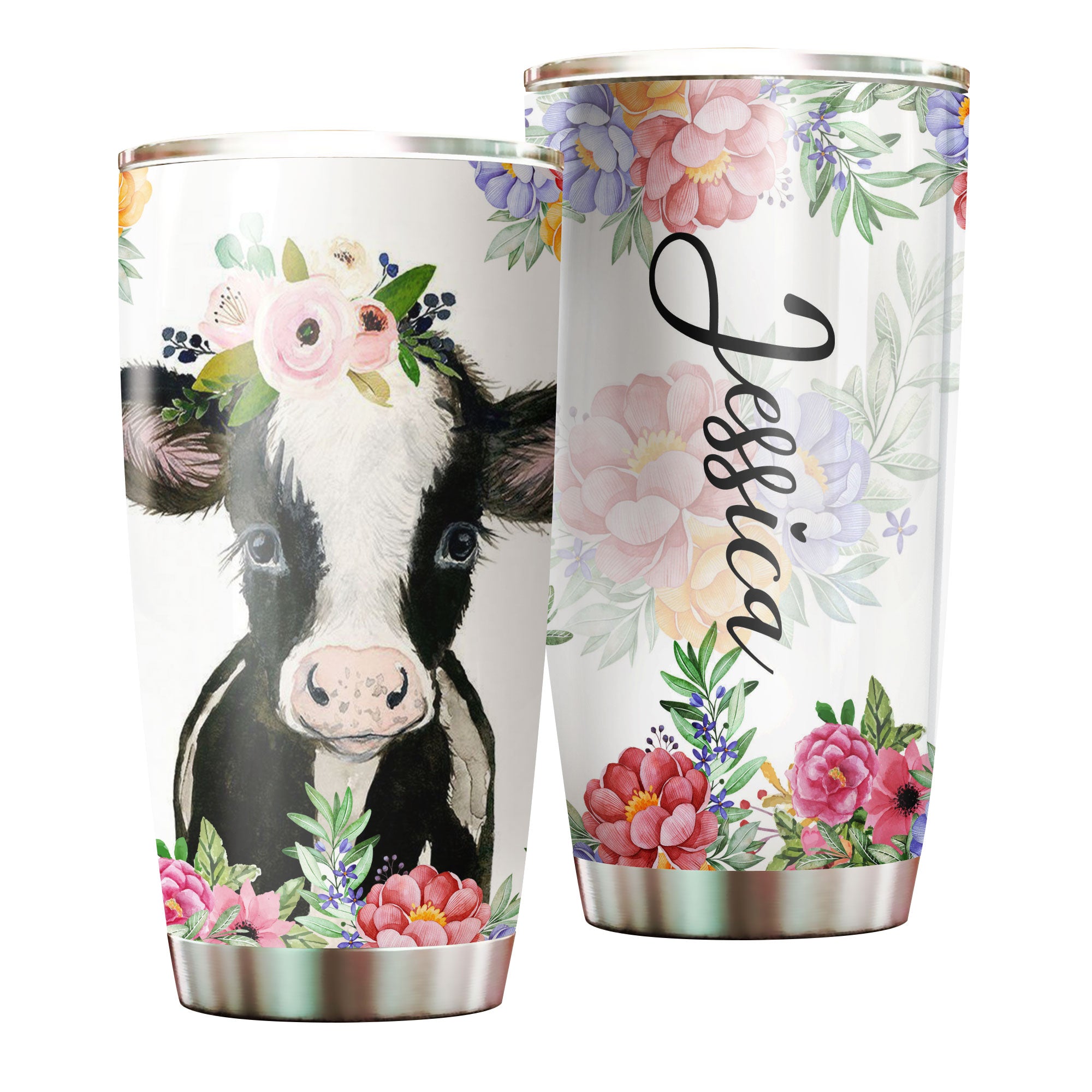 Personalized name stainless steel tumbler drinkware family gift ideas for family friends – Cow Flower TY0702217 – Personalizedwitch