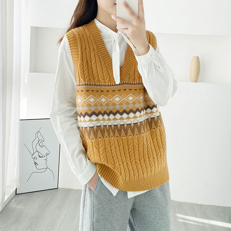 Sweater Vest Women Autumn Striped Elegant Fashion Casual Sleeveless Jumpers Female Vintage Cozy College Daily V-neck BF Knitwear alx