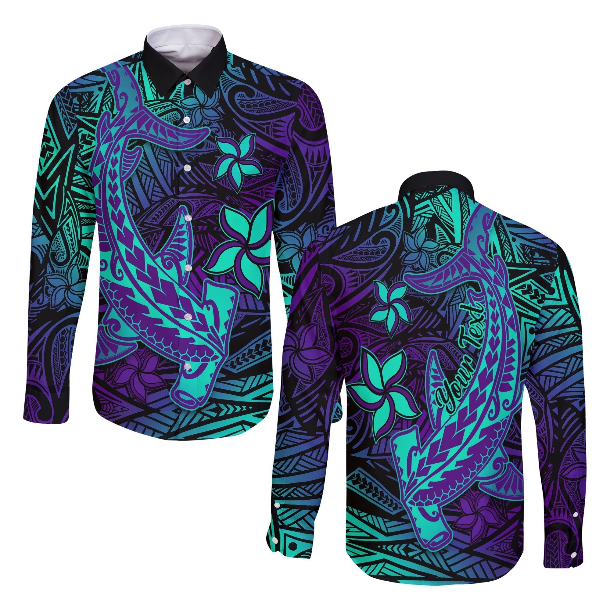 Custom Personalised Polynesian Long Sleeve Button Shirt Purple Paradise Hawaiian Tribal Hammerhead Shark Lt14