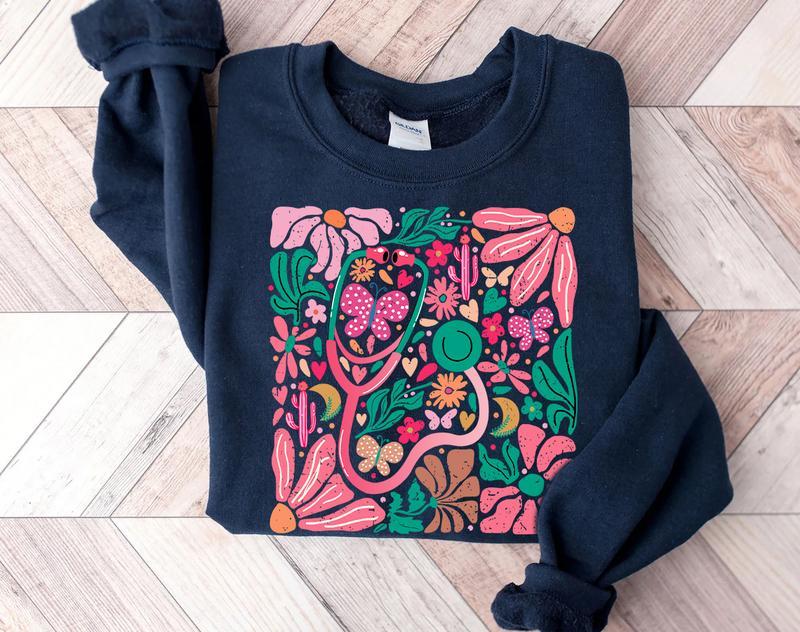 Pink Stethoscope Sweatshirt, Floral Nurse Sweatshirt, Health care worker Sweatshirt, Boho Floral Nursing Shirt, Gift Mother’s Day-Mom shirts
