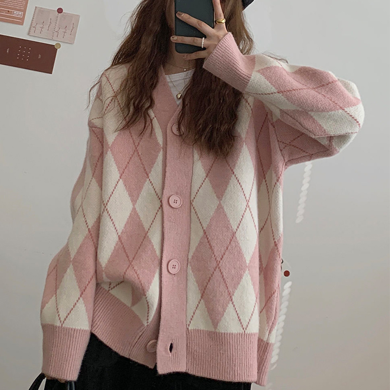 Autumn Winter Oversized Women Cardigans Tops Argyle Knitted Cardigan Sweaters Loose Button Plaid V-neck Knitwear Cardigan 17068 alx