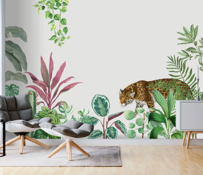 3D Hand Drawn Green Leaves Plant Leopard Animal Wall Mural Wallpaper Lxl