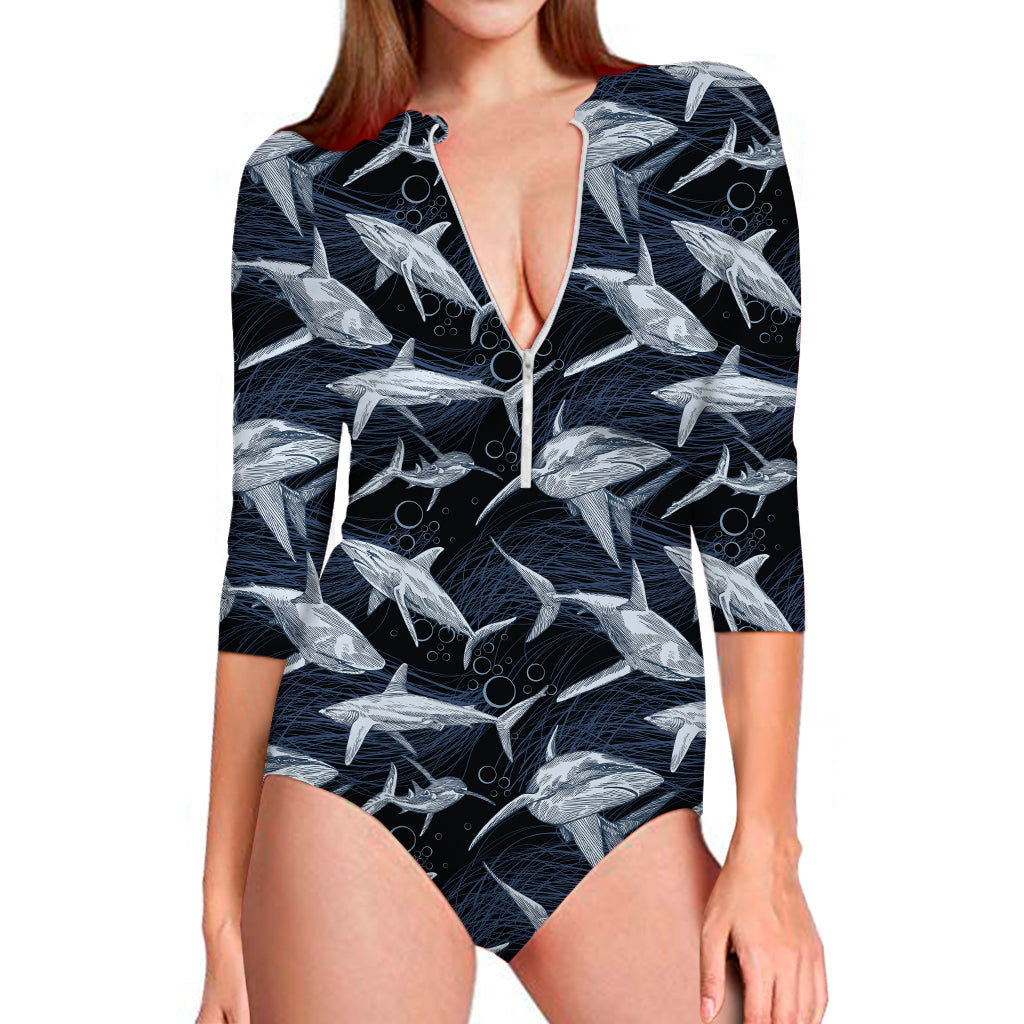 Shark Underwear Pattern Print Long Sleeve One Piece Swimsuit