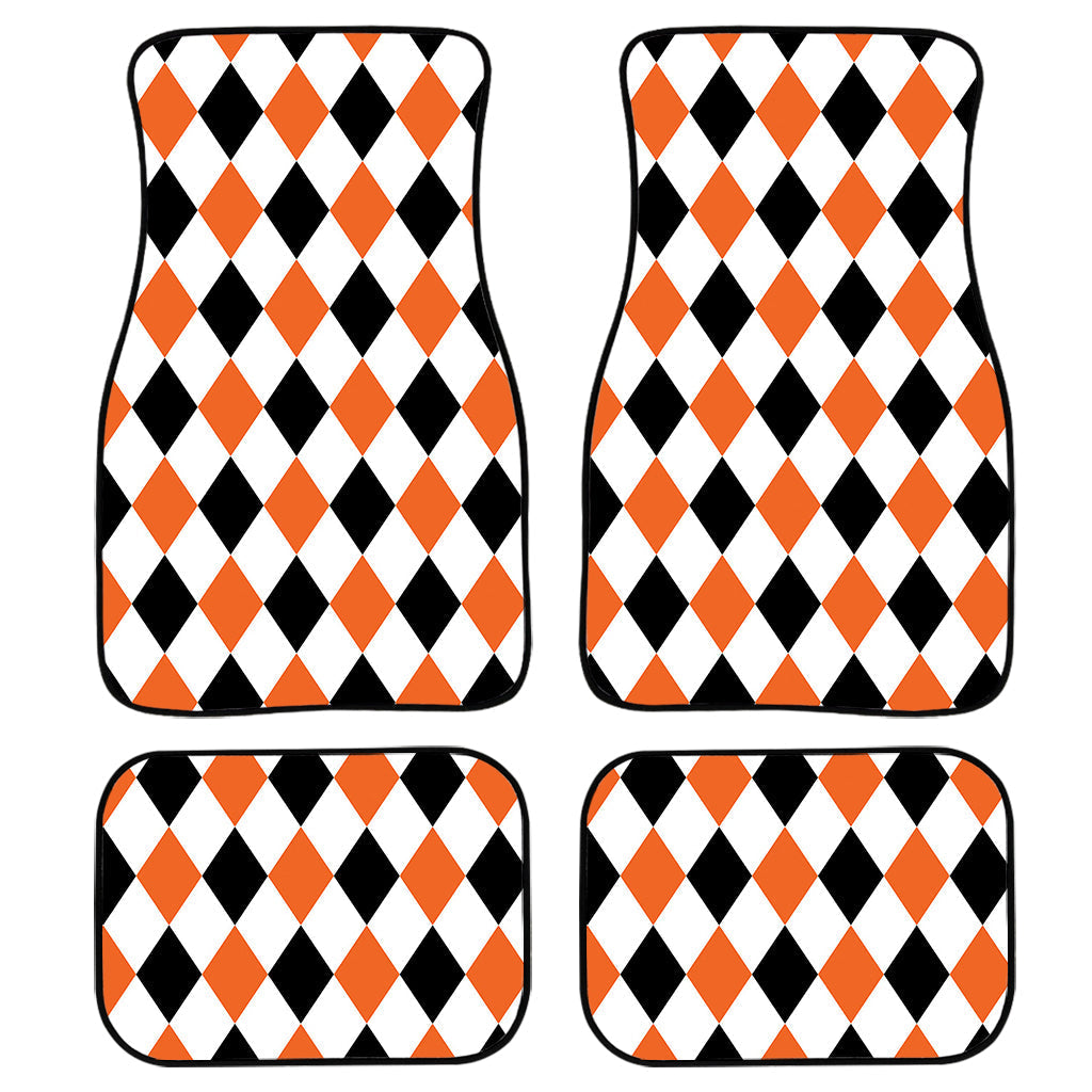 White Black And Orange Harlequin Print Front And Back Car Floor Mats, Front Car Mat