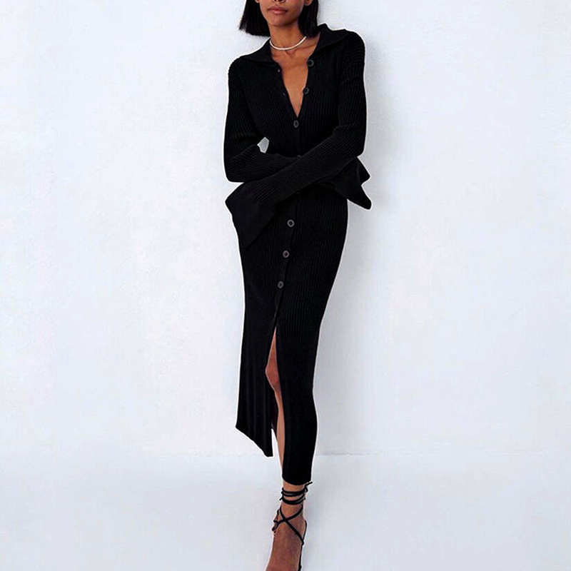 Y2K Sexy Bodycon Dress Button Mid Split Slim Long Sleeve Lady Knitted Maxi Dress Elegant Lapel Women Clouths Europe America Fall alx