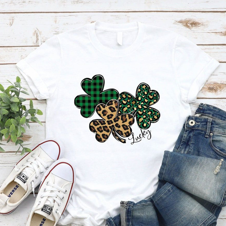 Green Leopard Print Shamrock T-Shirt For St Patricks Day, Green Day Shirt, St. Patricks Day Shirt, Shamrock Clover Tees, Lucky Shamrock Tee