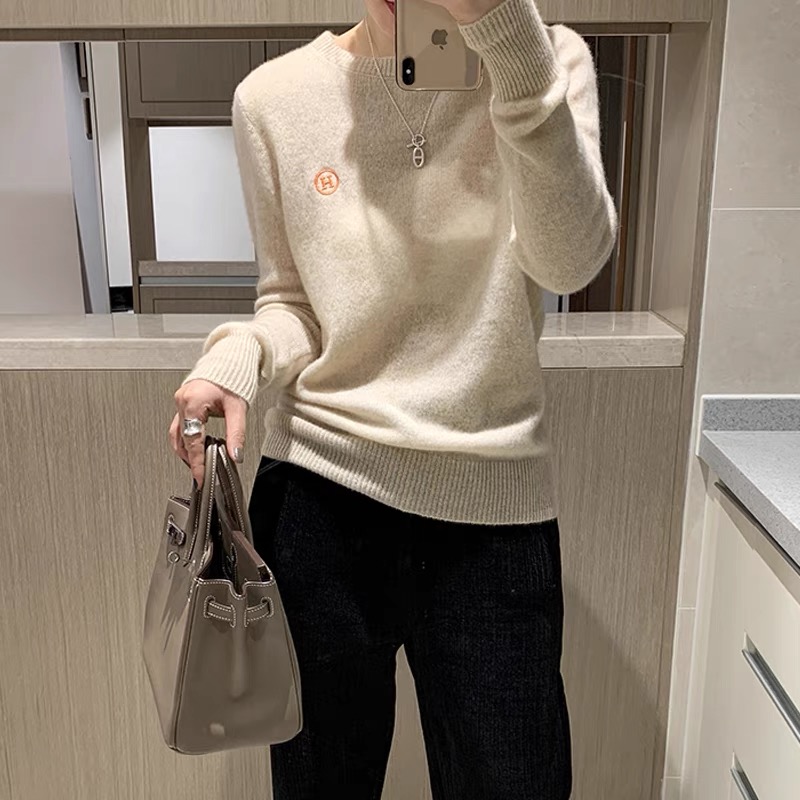 Women’s high-end embroidery knitting cashmere sweater round neck pullover sweater long sleeve autumn and winter cashmere sweat alx