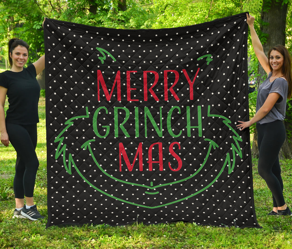 Christmas Premium Quilt | Grinch Face From Text Merry Grinch Mas Quilt Blanket