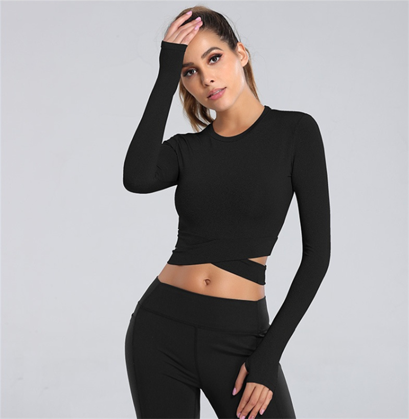 Aiithuug Miidriff Long Sleeve Yoga Tops Sports Fitness Crop Top Gym Shirts Slim Fit Running Tank Tops Criss Cross Waist Cross alx