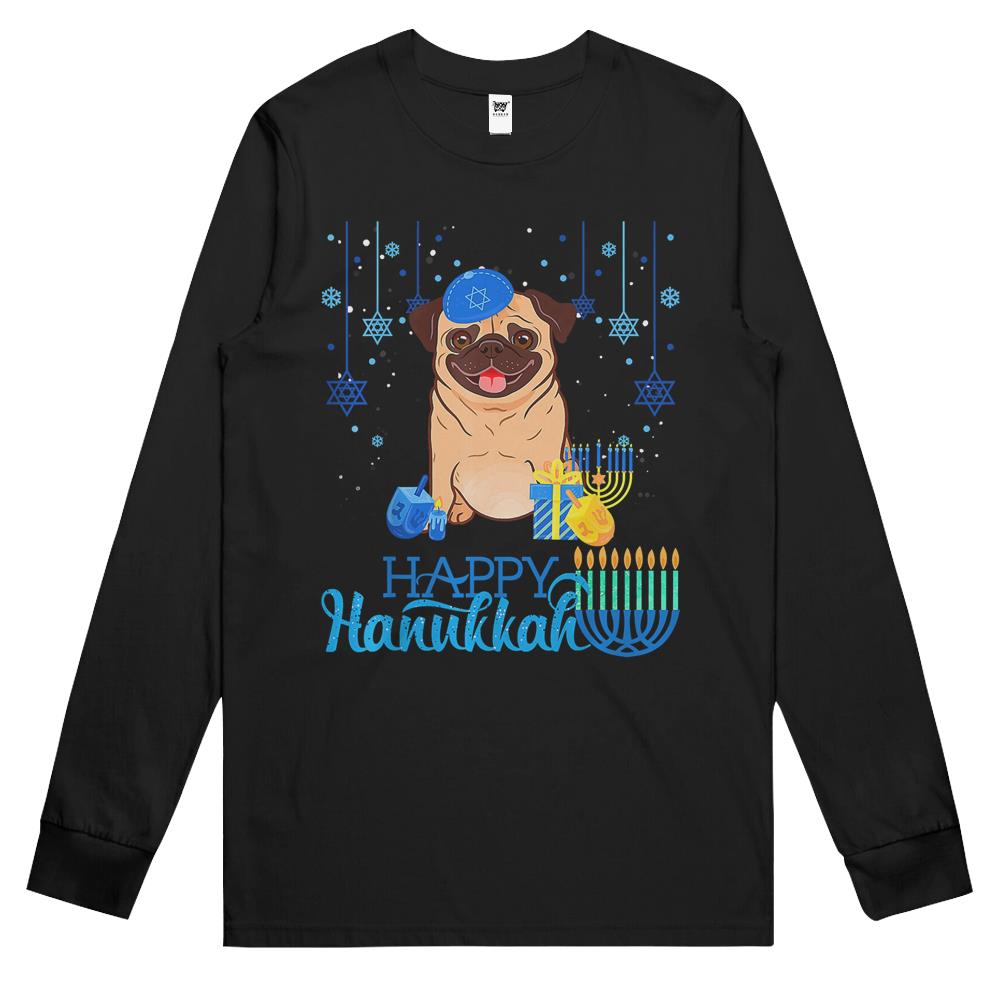 Jewish Pug Dog Menorah Hat Chanukah Hanukkah Jewish Xmas Long Sleeve T Shirts