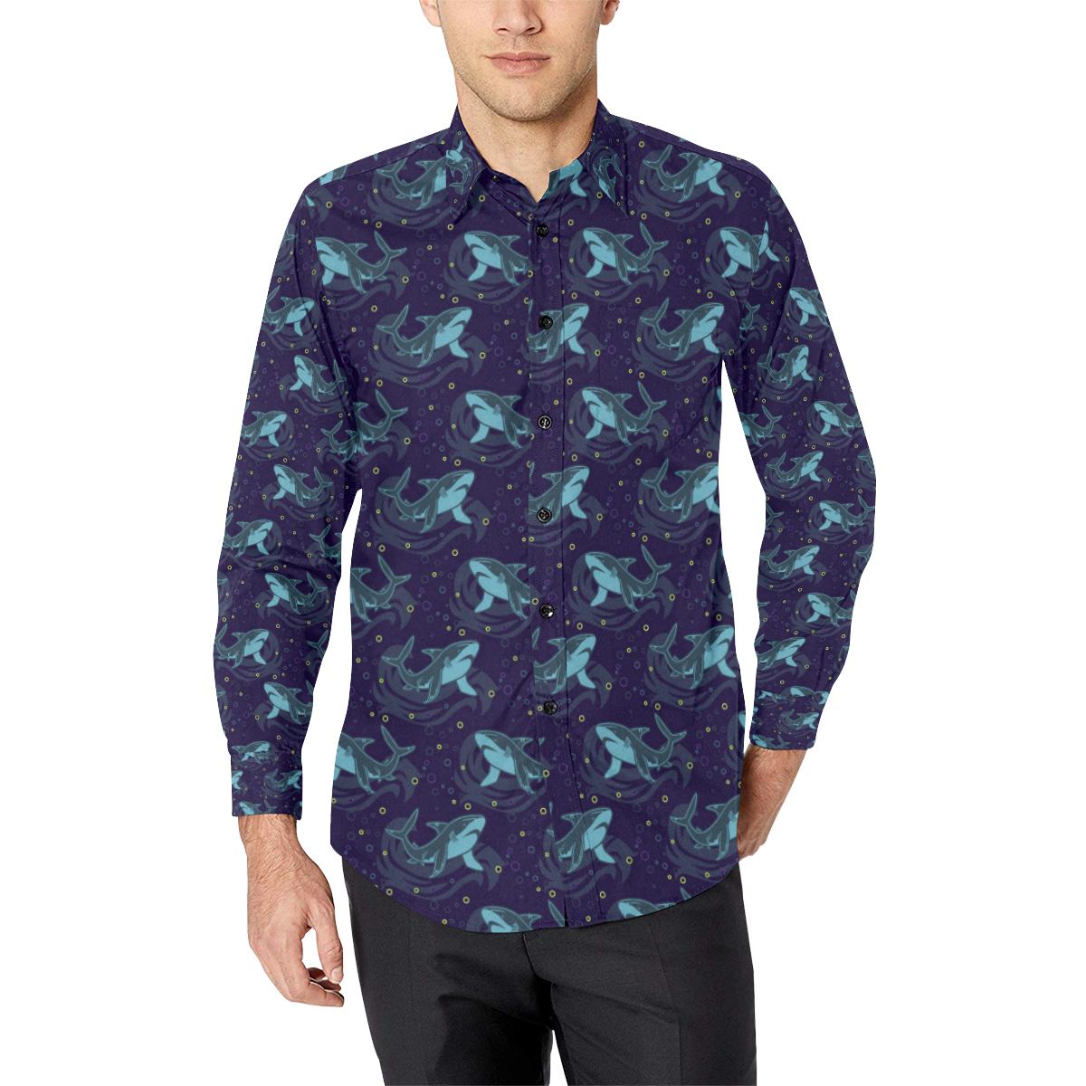 Shark Themed Print Long Sleeve Dress Shirt