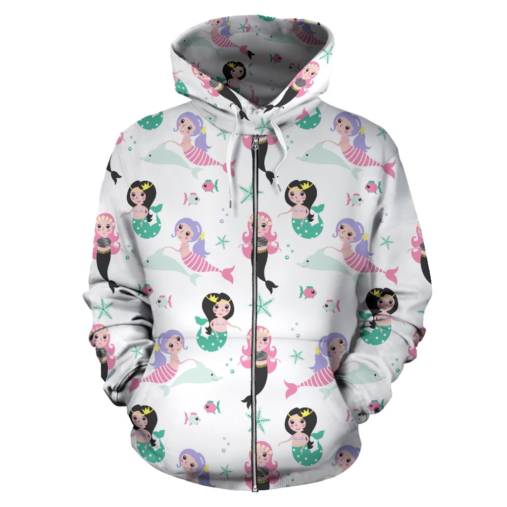 Cute Mermaid Dolphin Fish Starfish Pattern Zip Up Hoodie