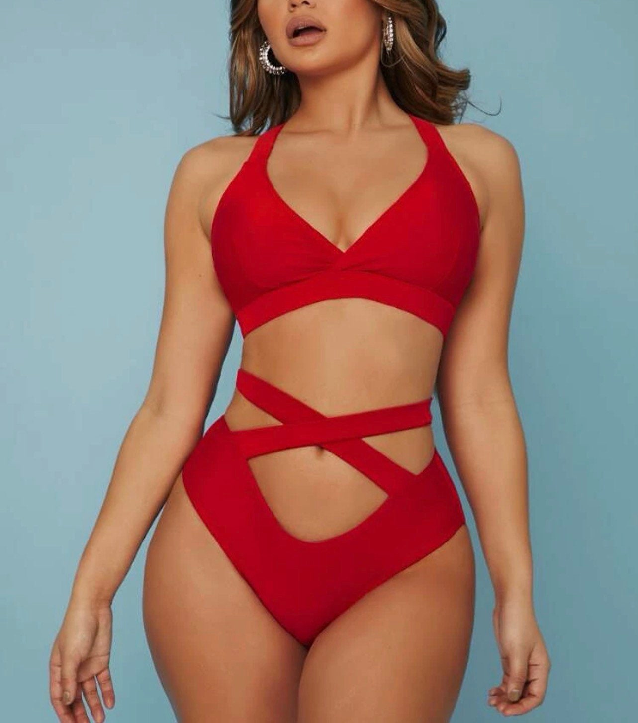 All Red Criss Cross Bikini, Strappy Bikini