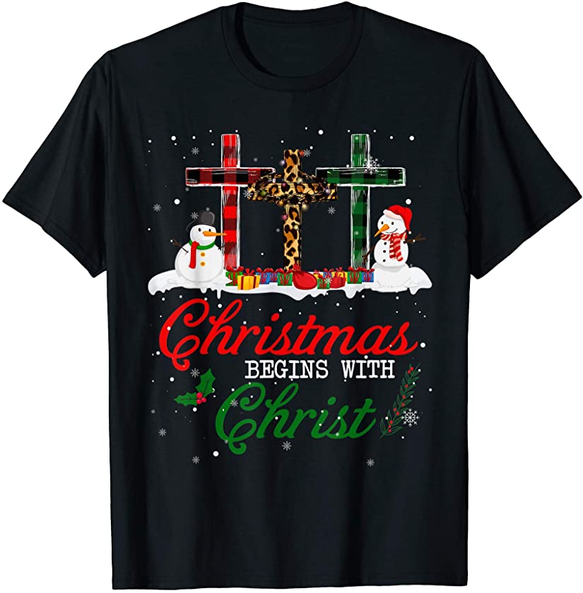 Christmas Begins With Christ Love Jesus Leopard Plaid Xmas T-Shirt