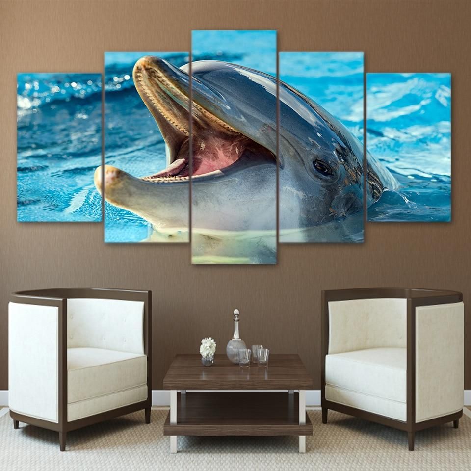 Dolphin Playing 2 Animal 5 Panel Canvas Art Wall Decor