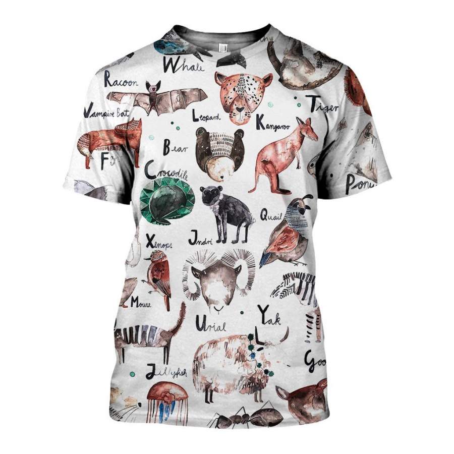 3D All Over Printed Animal Alphabet Shirts and Shorts