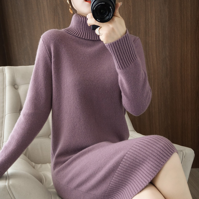 Autumn and Winter New High Collar Pullover Women’s Wool Sweater Long Section Cashmere Dress Bag Hip Split Loose Loose Thick Top alx