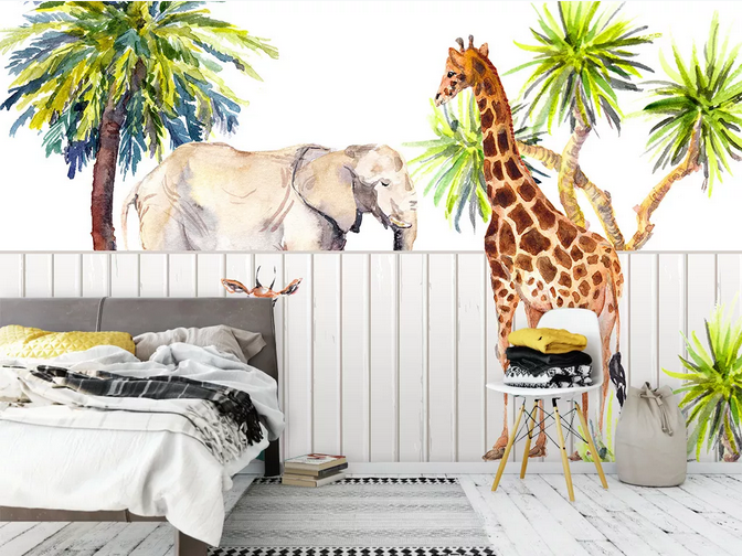 3D Hand Drawn Coconut Tree Elephant Giraffe Wall Mural Wallpaper Lqh 116