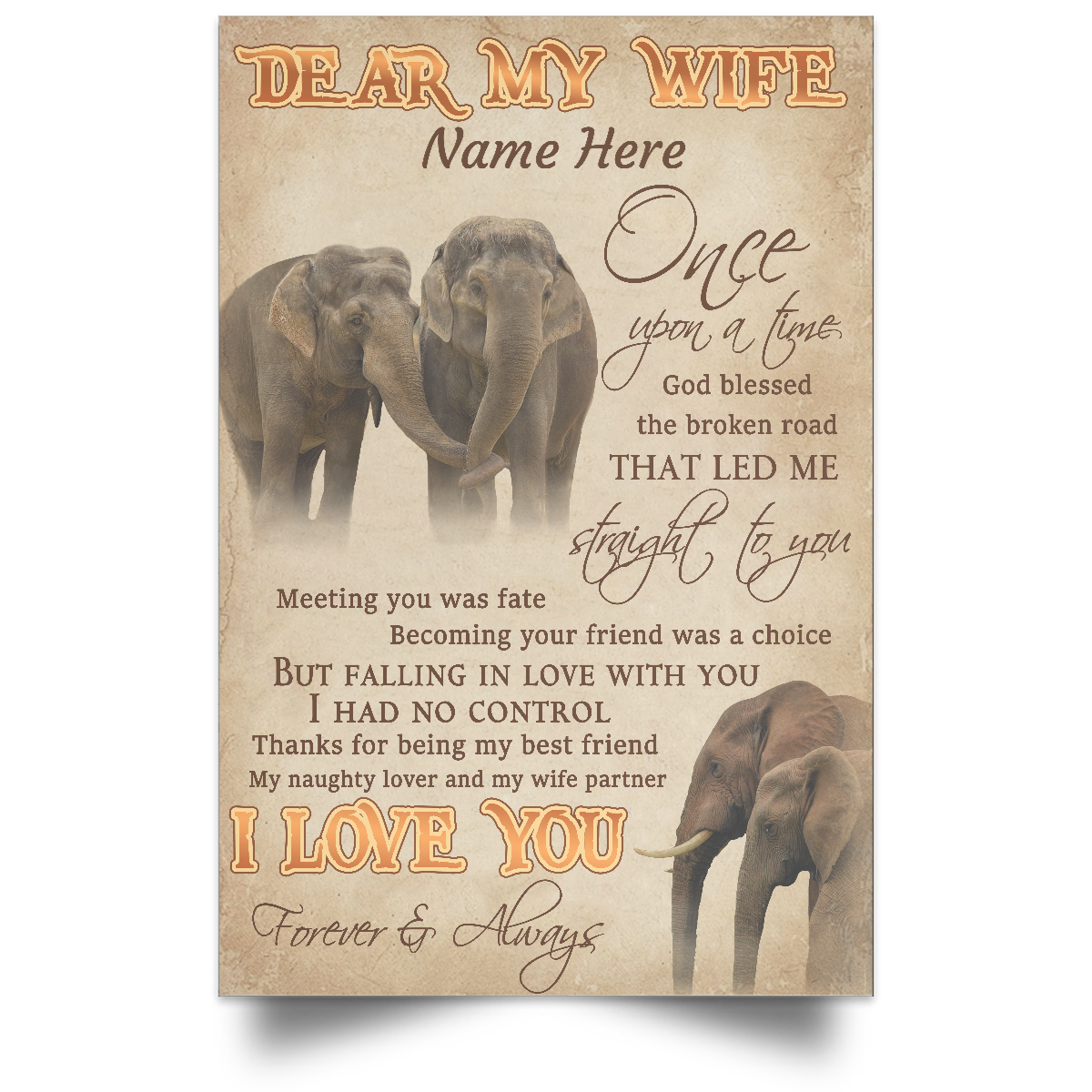 Personalized Dear My Wife Straight To You Custom Name Elephant Portrait Poster & Canvas Birthday Gift Decor Home Decor Wall Art Visual Art