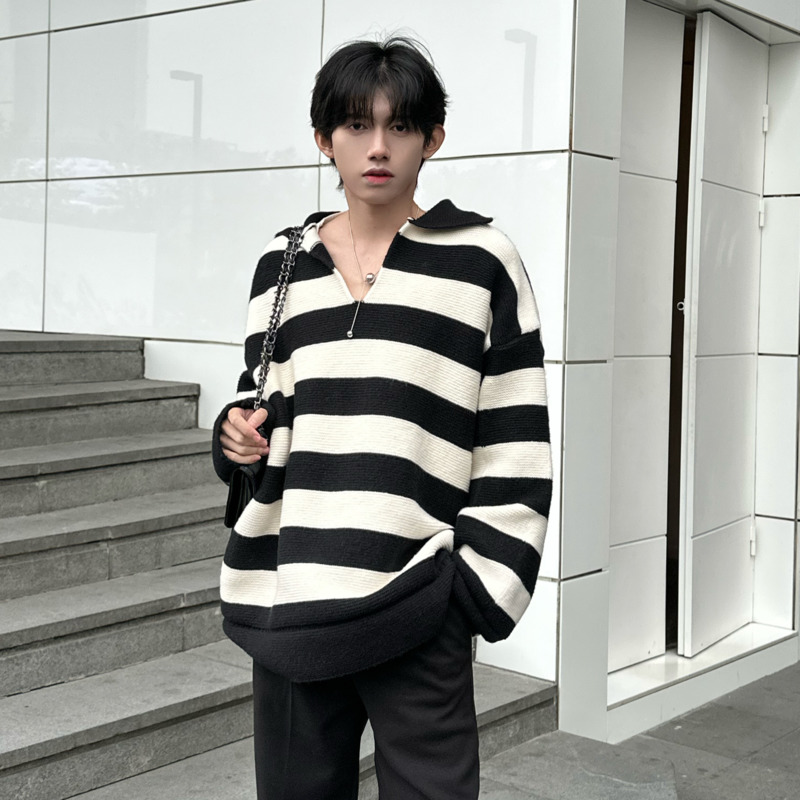 Winter Lapel Stripe Sweater Men Warm Fashion Oversized Knit Pullover Men Korean Loose Long Sleeve Sweater Mens Jumper Clothes alx