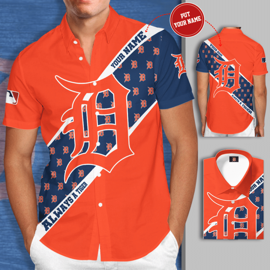 Personalized Detroit Tigers Logo Always Tiger All Over Print 3D Short Sleeve Dress Shirt Hawaiian Summer Aloha Beach Shirt – Orange Cobalt